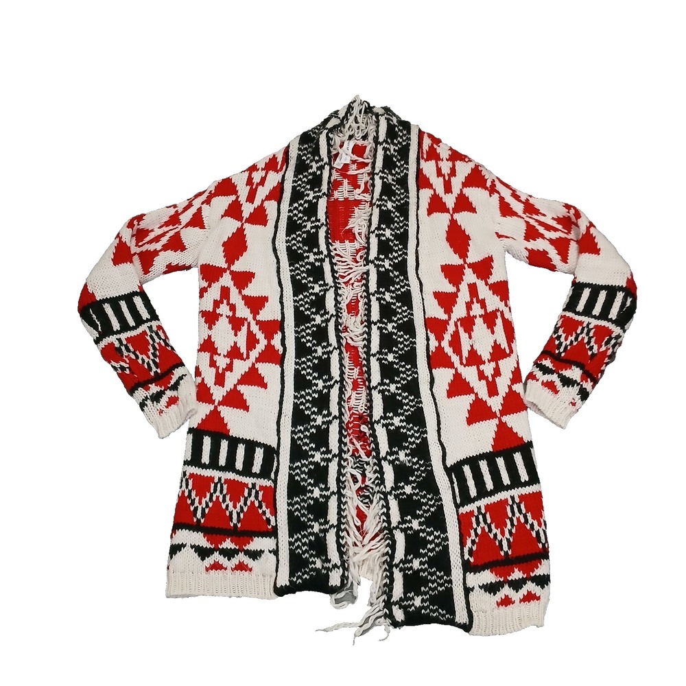 Bethany MOTA Open Cardigan Sweater Size S Aztec Knit Red Black White Aeropostale